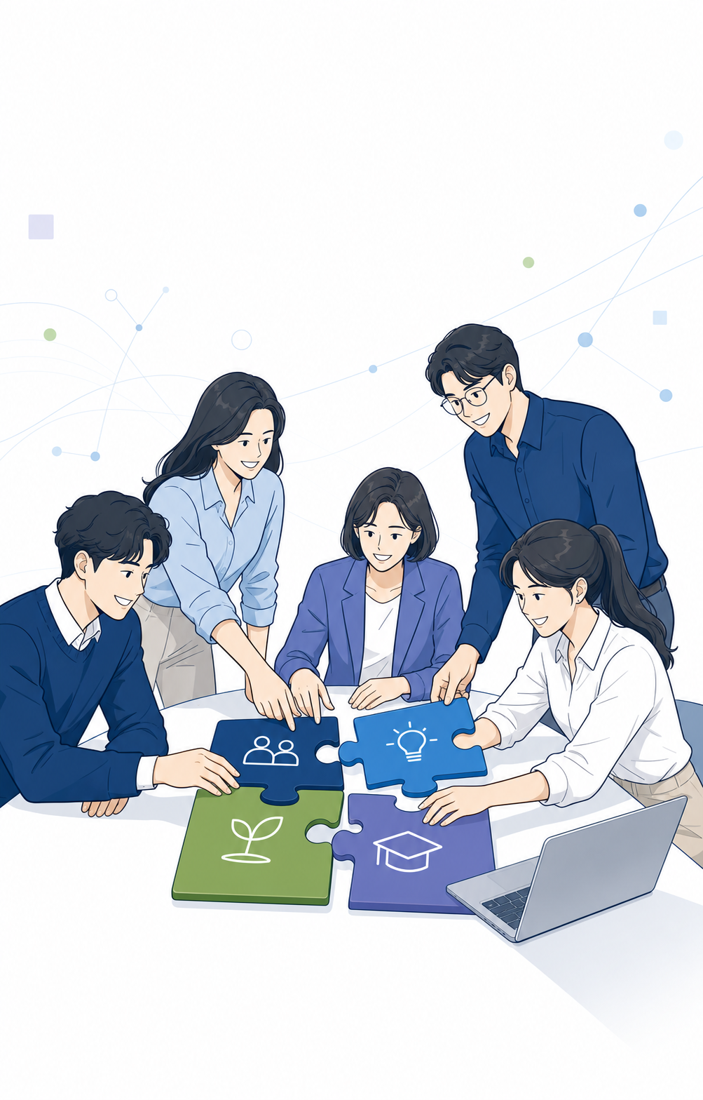 퍼즐을 함께 맞추며 협업하는 아이그로우 팀 일러스트